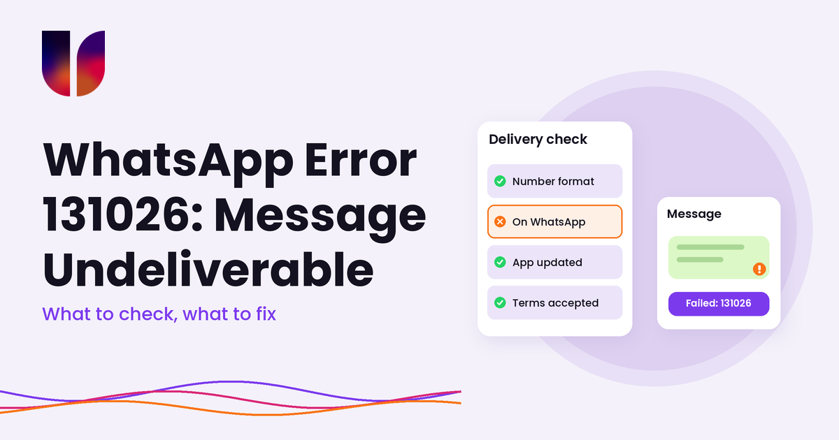 WhatsApp error 131026 message undeliverable guide, with a delivery check card and a failed message marker
