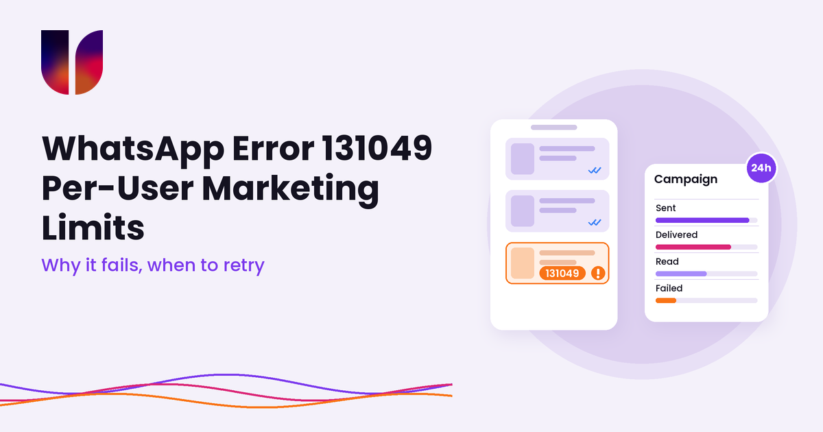 WhatsApp error 131049 per-user marketing limits guide, with a failed campaign message and delivery stats